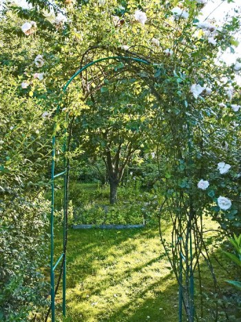 En rosenportal ger atmosfär och vackert växelspel mellan ljus och skugga på marken inunder samtidigt som den förstärker tredimensionaliteten i Maria Björklunds trädgård på Österlen.