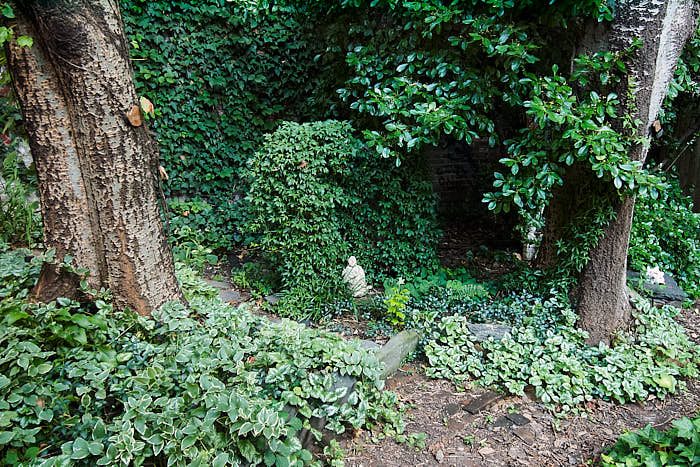 I skuggan mot väggen i 6Th & B Garden frodas bladväxter som rosenplister, vintergröna och murgröna. Statyetter fungerar som klassiska blickfång.