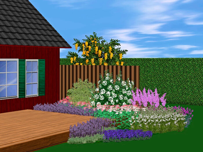 en rabatt för perenner och små buskar innanför planket