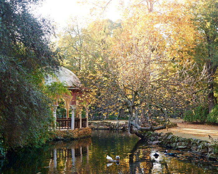 På en ö i Estanque de los Patos i El parque de María Luisa står Alfonso XII-paviljongen.
